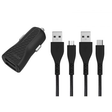   Energizer HardCase - auto punjač 2x USB-A 2.4A + USB-C & Micro USB kabel (crni)