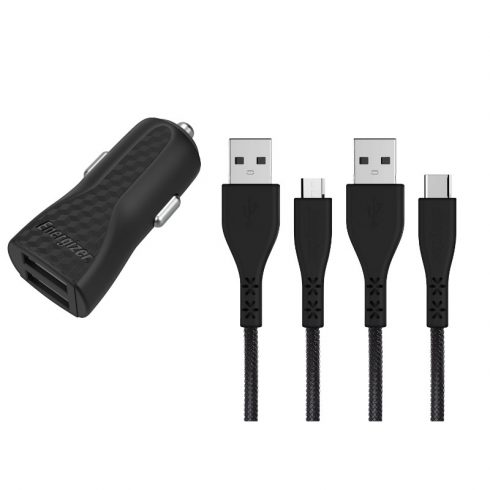 Energizer HardCase - auto punjač 2x USB-A 2.4A + USB-C & Micro USB kabel (crni)