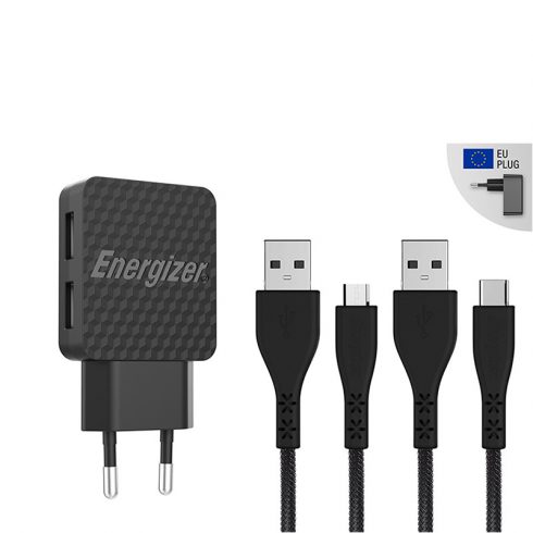 Energizer HardCase - 2x USB-A 12W mrežni punjač + USB-C & Micro USB kabel (crni)