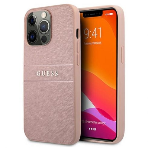 Guess Saffiano Mteal Logo Stripes - Maska za iPhone 13 Pro Max (roza)