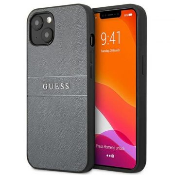   Guess Saffiano Metal Logo Stripes - Maska za iPhone 13 mini (siva)