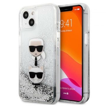   Karl Lagerfeld Liquid Glitter Karl & Choupette Head - Maska za iPhone 13 mini (srebrna)