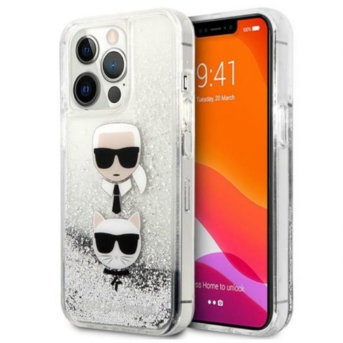 Karl Lagerfeld Liquid Glitter Karl & Choupette Head - maska ​​za iPhone 13 Pro (srebrna)