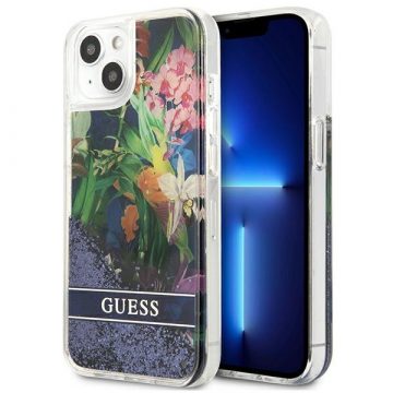   Guess Liquid Glitter Flower – Maska za iPhone 13 mini (plava)