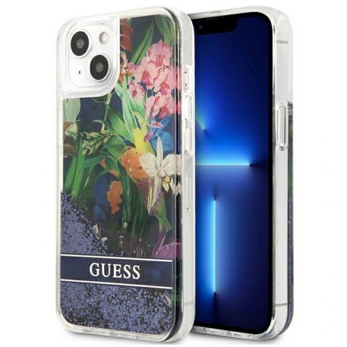 Guess Liquid Glitter Flower – Maska za iPhone 13 mini (plava)