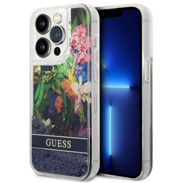   Guess Liquid Glitter Flower - maska ​​za iPhone 14 Pro Max (plava)