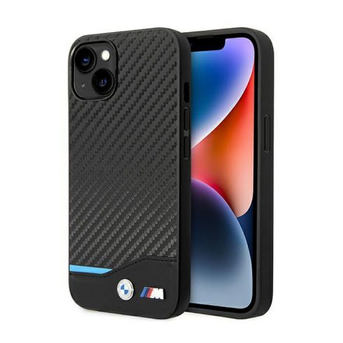 BMW kožna Carbon Blue Line - maska ​​za iPhone 14 Plus (crna)