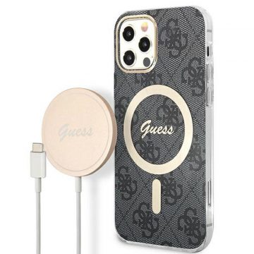   Guess Bundle Pack MagSafe 4G - Komplet maska ​​za iPhone 12 / iPhone 12 Pro + MagSafe punjač (crna/zlatna)