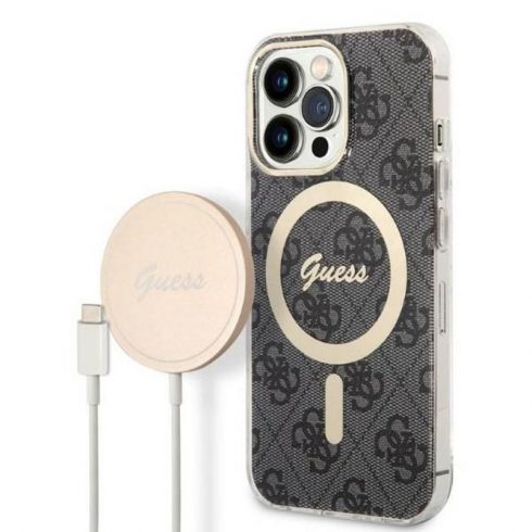 Guess Bundle Pack MagSafe 4G - Komplet maska ​​za iPhone 13 Pro + MagSafe punjač (crna/zlatna)