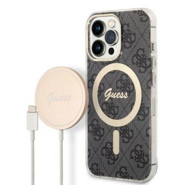   Guess Bundle Pack MagSafe 4G - Komplet maska ​​za iPhone 13 Pro Max + MagSafe punjač (crna/zlatna)