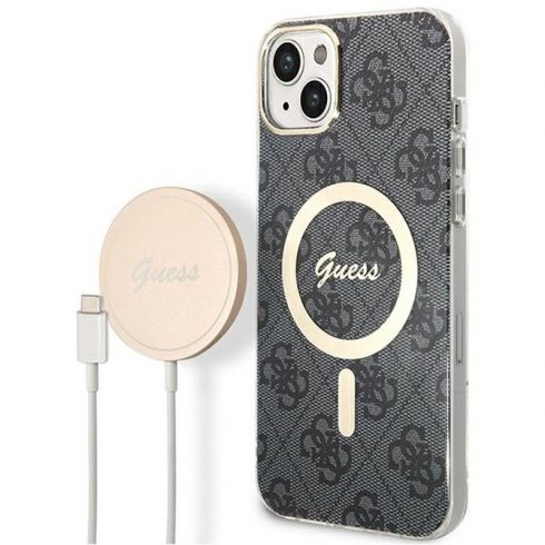 Guess Bundle Pack MagSafe 4G - Komplet maska ​​za iPhone 14 Plus + MagSafe punjač (crna/zlatna)