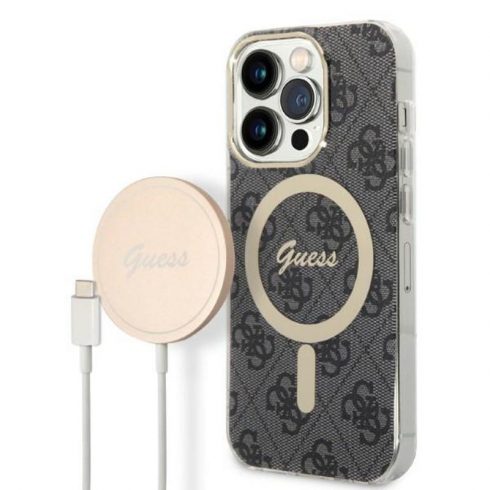 Guess Bundle Pack MagSafe 4G - Set futrola za iPhone 14 Pro + MagSafe punjač (crna/zlatna)