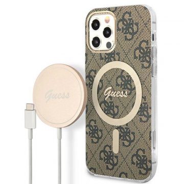   Guess Bundle Pack MagSafe 4G - Komplet maska ​​za iPhone 12 / iPhone 12 Pro + MagSafe punjač (smeđa/zlatna)