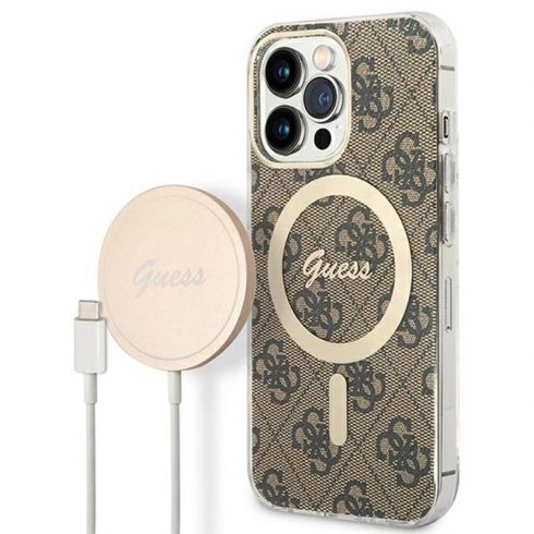 Guess Bundle Pack MagSafe 4G - Komplet maska ​​za iPhone 13 Pro Max + MagSafe punjač (smeđa/zlatna)