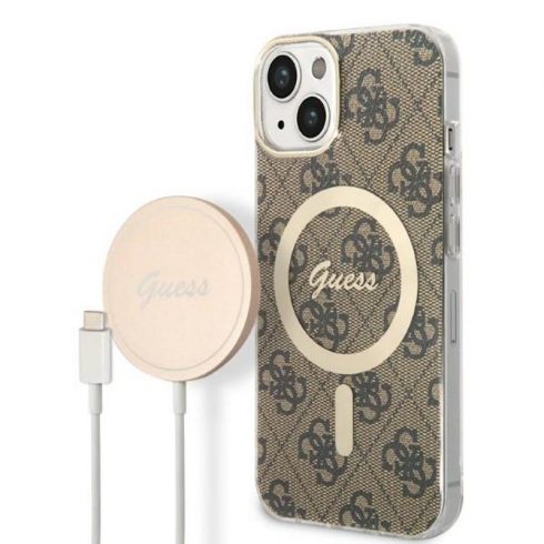 Guess Bundle Pack MagSafe 4G - Komplet maska ​​za iPhone 14 Plus + MagSafe punjač (smeđa/zlatna)