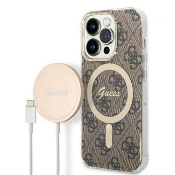   Guess Bundle Pack MagSafe 4G - Komplet maska ​​za iPhone 14 Pro + MagSafe punjač (smeđa/zlatna)