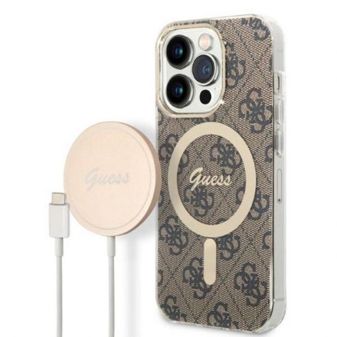 Guess Bundle Pack MagSafe 4G - Komplet maska ​​za iPhone 14 Pro + MagSafe punjač (smeđa/zlatna)