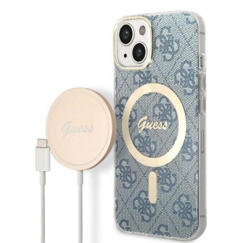 Guess Bundle Pack MagSafe 4G - Set maska ​​za iPhone 14 + MagSafe punjač (plava/zlatna)