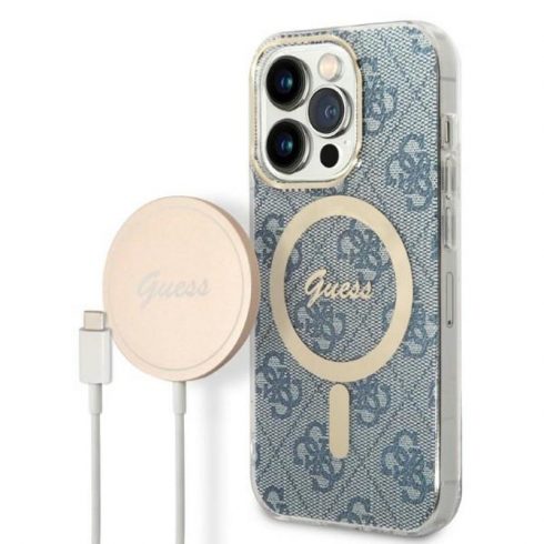 Guess Bundle Pack MagSafe 4G - Set futrola za iPhone 14 Pro + MagSafe punjač (plava/zlatna)