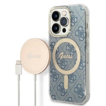   Guess Bundle Pack MagSafe 4G - Komplet maska ​​za iPhone 14 Pro Max + MagSafe punjač (plava/zlatna)