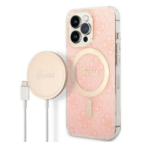 Guess Bundle Pack MagSafe 4G - Set futrola za iPhone 13 Pro + MagSafe punjač (Pink/Gold)