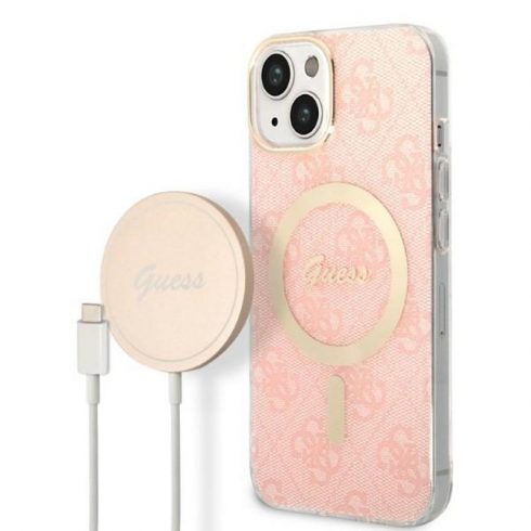 Guess Bundle Pack MagSafe 4G - Set maska ​​za iPhone 14 Plus + MagSafe punjač (Pink/Gold)