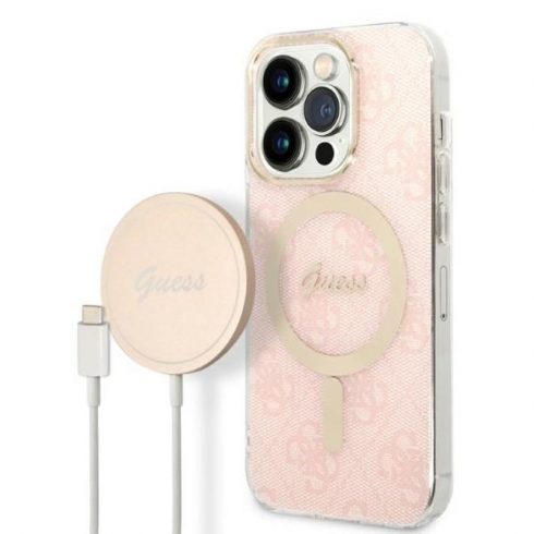 Guess Bundle Pack MagSafe 4G - Set futrola za iPhone 14 Pro + MagSafe punjač (Pink/Gold)