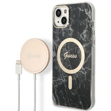   Guess Bundle Pack MagSafe IML Marble - Set futrola za iPhone 14 Plus + MagSafe punjač (crna/zlatna)