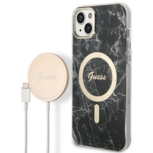 Guess Bundle Pack MagSafe IML Marble - Set futrola za iPhone 14 Plus + MagSafe punjač (crna/zlatna)