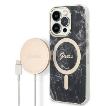   Guess Bundle Pack MagSafe IML Marble - Set futrola za iPhone 14 Pro + MagSafe punjač (crna/zlatna)