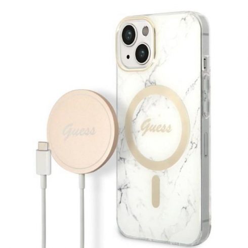 Guess Bundle Pack MagSafe IML Marble - Set futrola za iPhone 14 Plus + MagSafe punjač (bijelo/zlatno)