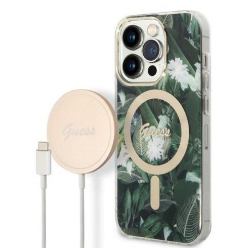 Guess Bundle Pack MagSafe IML Jungle - Set futrola za iPhone 14 Pro + MagSafe punjač (kaki/zlatni)