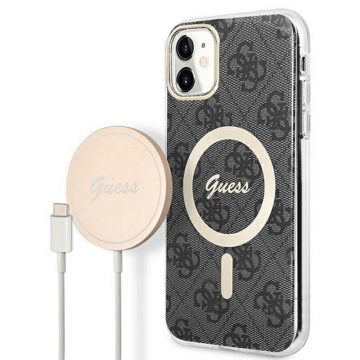   Guess Bundle Pack MagSafe 4G - Set maska ​​za iPhone 11 + MagSafe punjač (crna/zlatna)