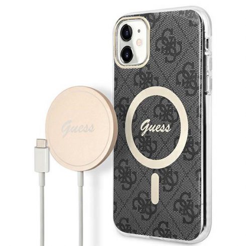 Guess Bundle Pack MagSafe 4G - Set maska ​​za iPhone 11 + MagSafe punjač (crna/zlatna)