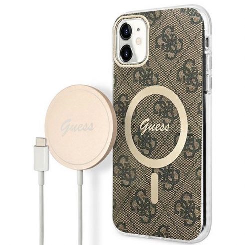 Guess Bundle Pack MagSafe 4G - Set maska ​​za iPhone 11 + MagSafe punjač (smeđa/zlatna)