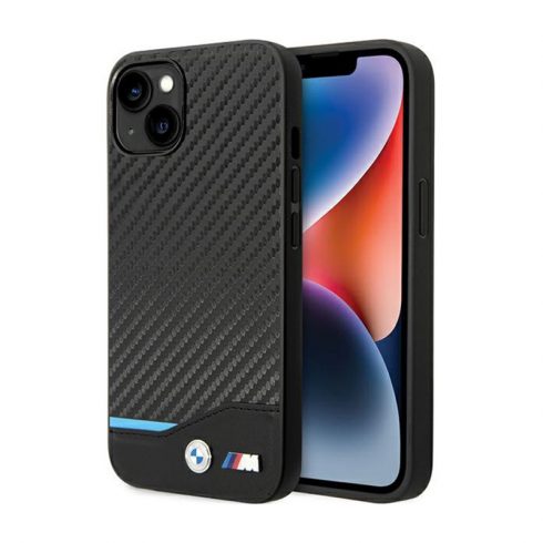 BMW kožna Carbon Blue Line - maska ​​za iPhone 13 (crna)