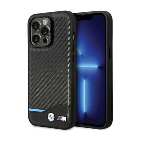 BMW kožna Carbon Blue Line - maska ​​za iPhone 13 Pro (crna)