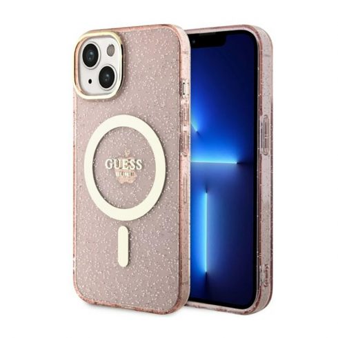 Guess Glitter Gold MagSafe - Maska za iPhone 14 (roza)