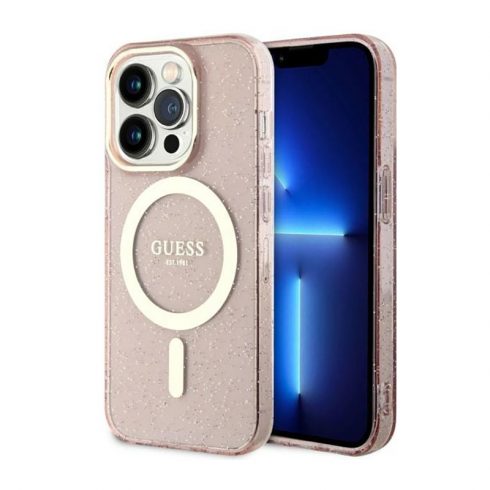 Guess Glitter Gold MagSafe - Maska za iPhone 14 Pro (roza)