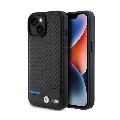 BMW kožna Carbon Blue Line - maska ​​za iPhone 15 (crna)