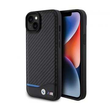   BMW kožna Carbon Blue Line - maska ​​za iPhone 15 Plus (crna)