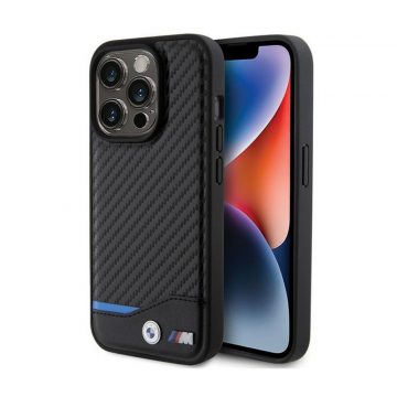   BMW kožna Carbon Blue Line - maska ​​za iPhone 15 Pro (crna)