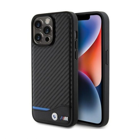 BMW kožna Carbon Blue Line - maska ​​za iPhone 15 Pro Max (crna)