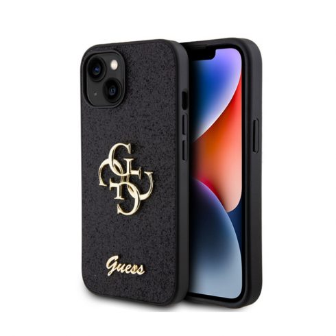 Guess Glitter Script Big 4G - Maska za iPhone 15 (crna)