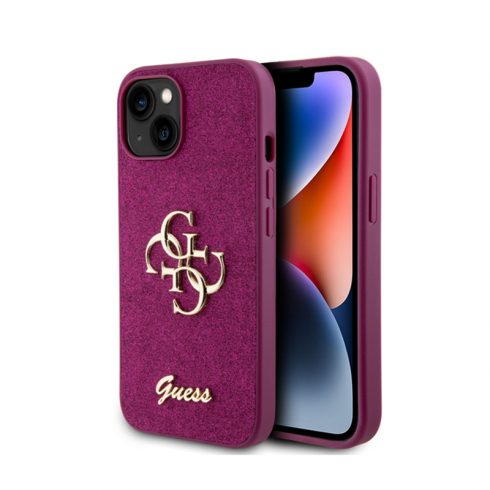 Guess Glitter Script Big 4G - Maska za iPhone 15 (ljubičasta)