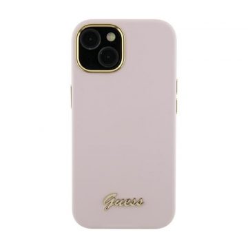   Guess Silicone Script Metal Logo & Frame - iPhone 15 Pro Case (roza)