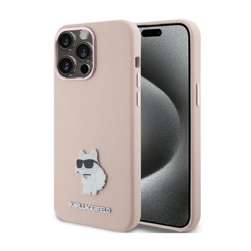 Karl Lagerfeld silikonska metalna igla Choupette - futrola za iPhone 15 Pro (roza)