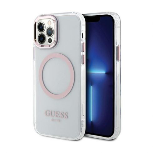 Guess Metal Outline MagSafe - Maska za iPhone 12 / iPhone 12 Pro (prozirna / roza)