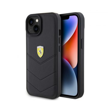   Ferrari prošiveni metalni logotip - maska ​​za iPhone 15 Auto (crna)