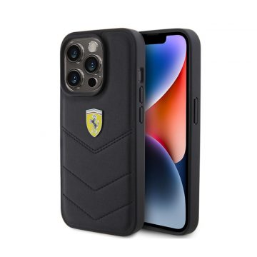   Ferrari prošiveni metalni logotip - maska ​​za iPhone 15 Pro (crna)